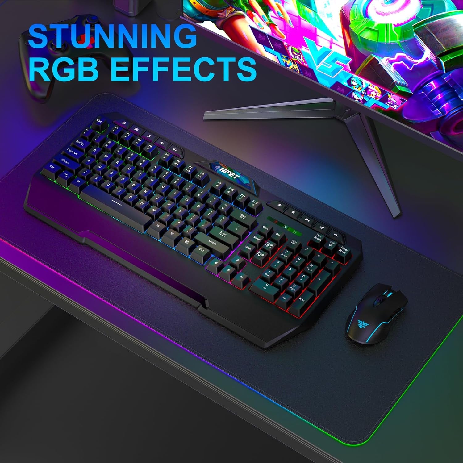 K32 Wireless Gaming Keyboard RGB with Wrist Rest - Long-Lasting Rechargeable Battery - Quick and Quiet Typing - Water Resistant Backlit Wireless Keyboard for PC PS5 PS4 Xbox One Mac - Black