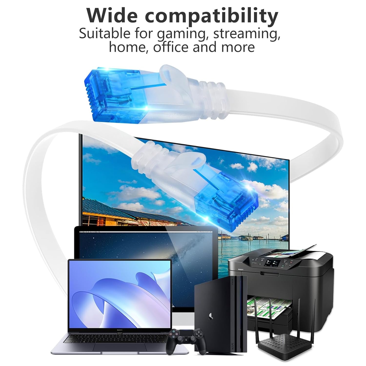 Cat 6 Ethernet Cable 25 Ft, Flat White Internet Cable with Clips, Hight Speed LAN Cable with Snagless Rj45 Connectors