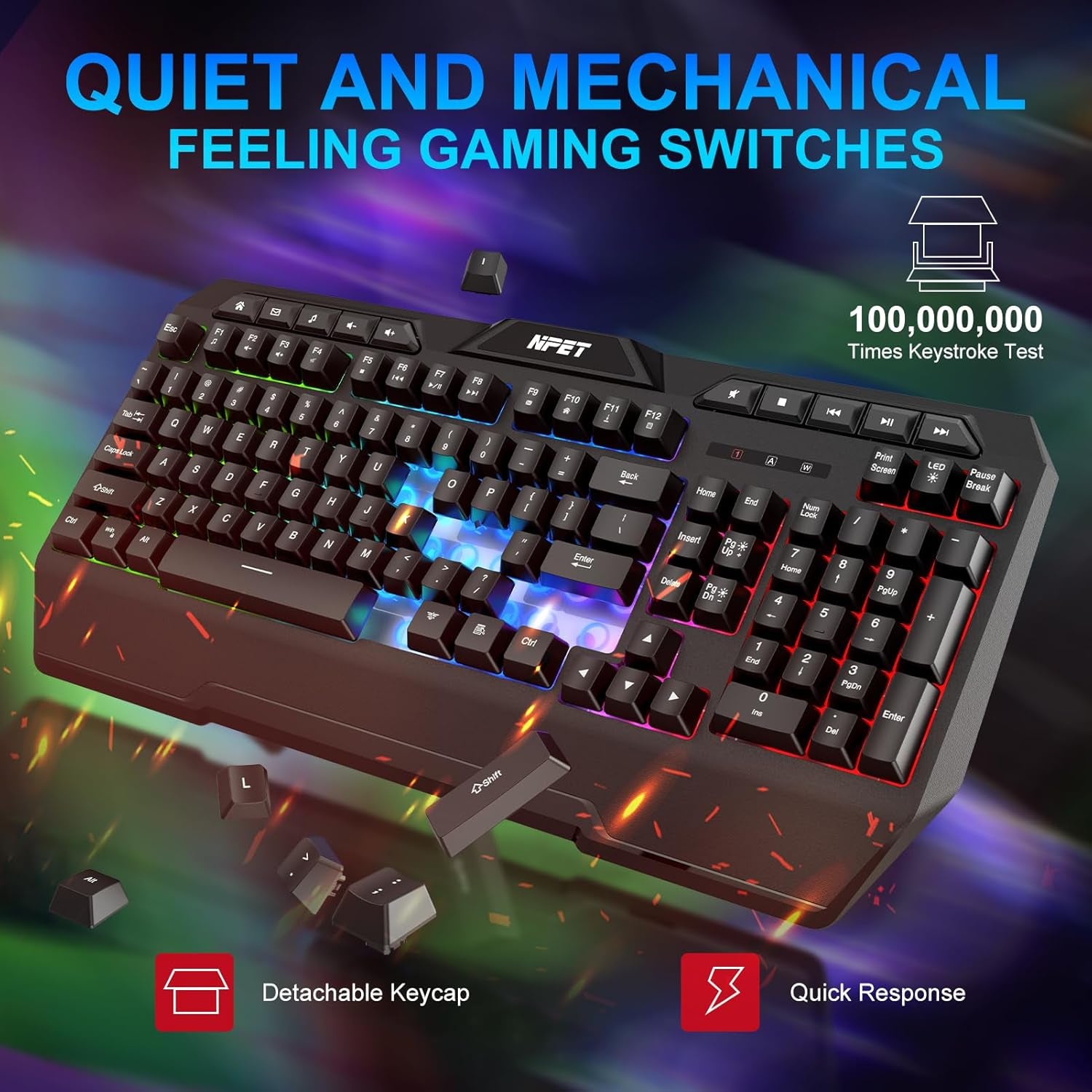 K32 Wireless Gaming Keyboard RGB with Wrist Rest - Long-Lasting Rechargeable Battery - Quick and Quiet Typing - Water Resistant Backlit Wireless Keyboard for PC PS5 PS4 Xbox One Mac - Black
