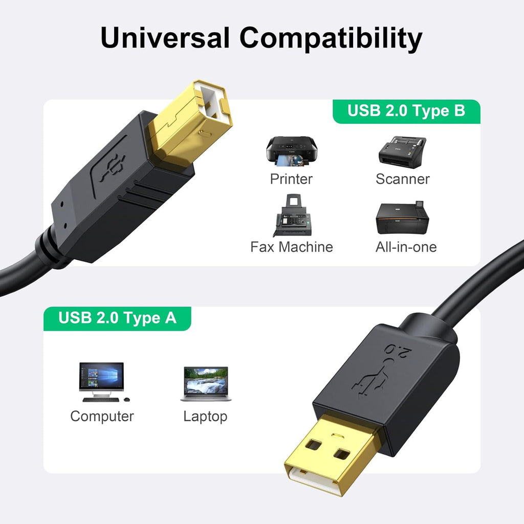 Printer Cable 25 FT - USB a to USB B Printer Cable Compatible with HP, Canon, Brother, Dell, Epson and More