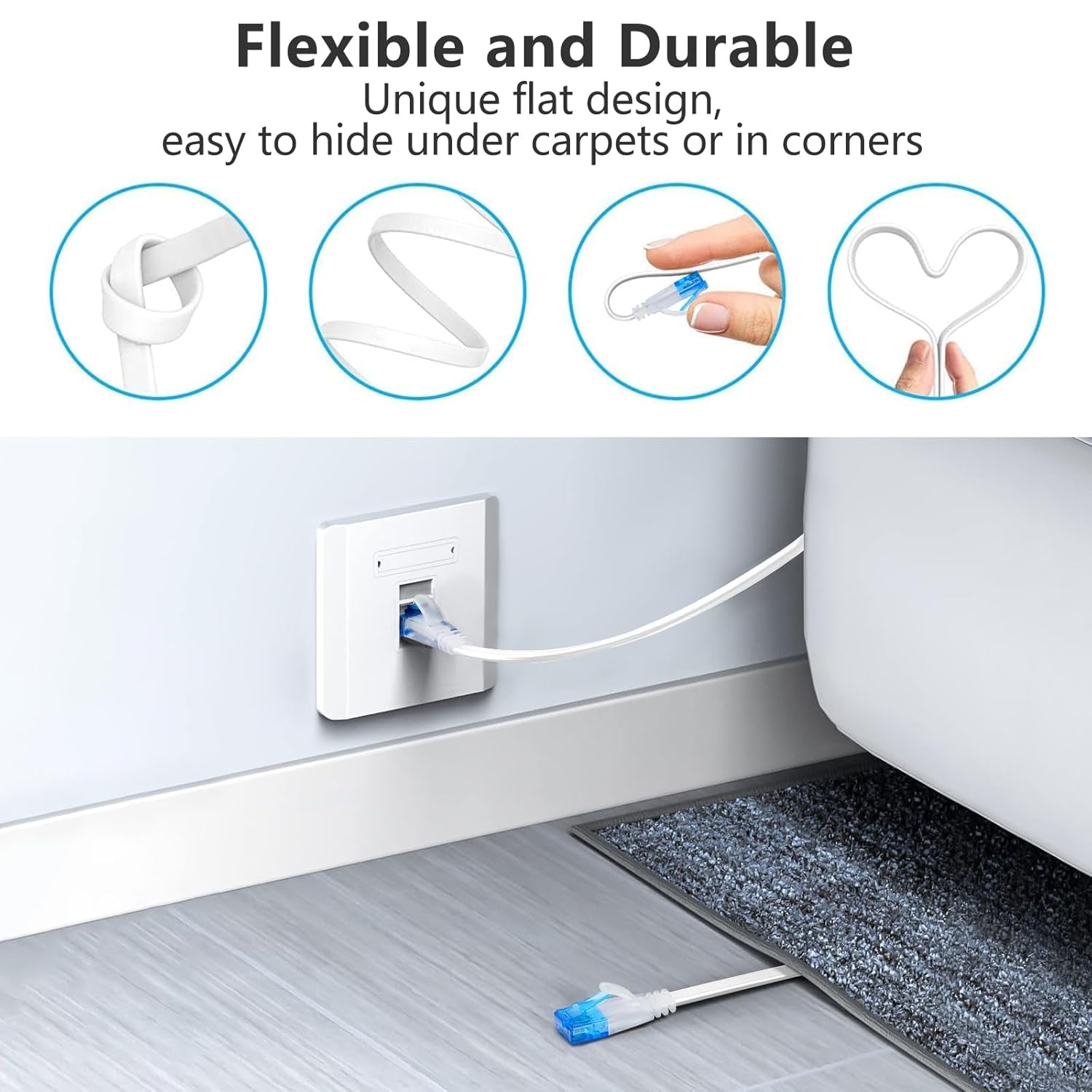 Cat 6 Ethernet Cable 25 Ft, Flat White Internet Cable with Clips, Hight Speed LAN Cable with Snagless Rj45 Connectors